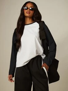 MISSGUIDED Long Sleeve Raglan T-Shirt With Contrast Color Block Sleeves Round Neck Crew Neck Relaxed Fit Casual Everyday Top - Black - View 6
