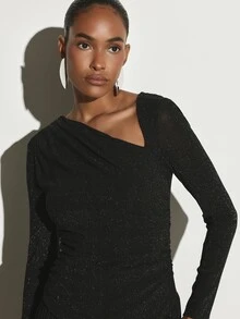 KSTM Glitter Shimmer V-Neck Long Sleeve Maxi Dress With Ruched Waist And Flowing Skirt For Evening Party Holiday Season - Black - View 5
