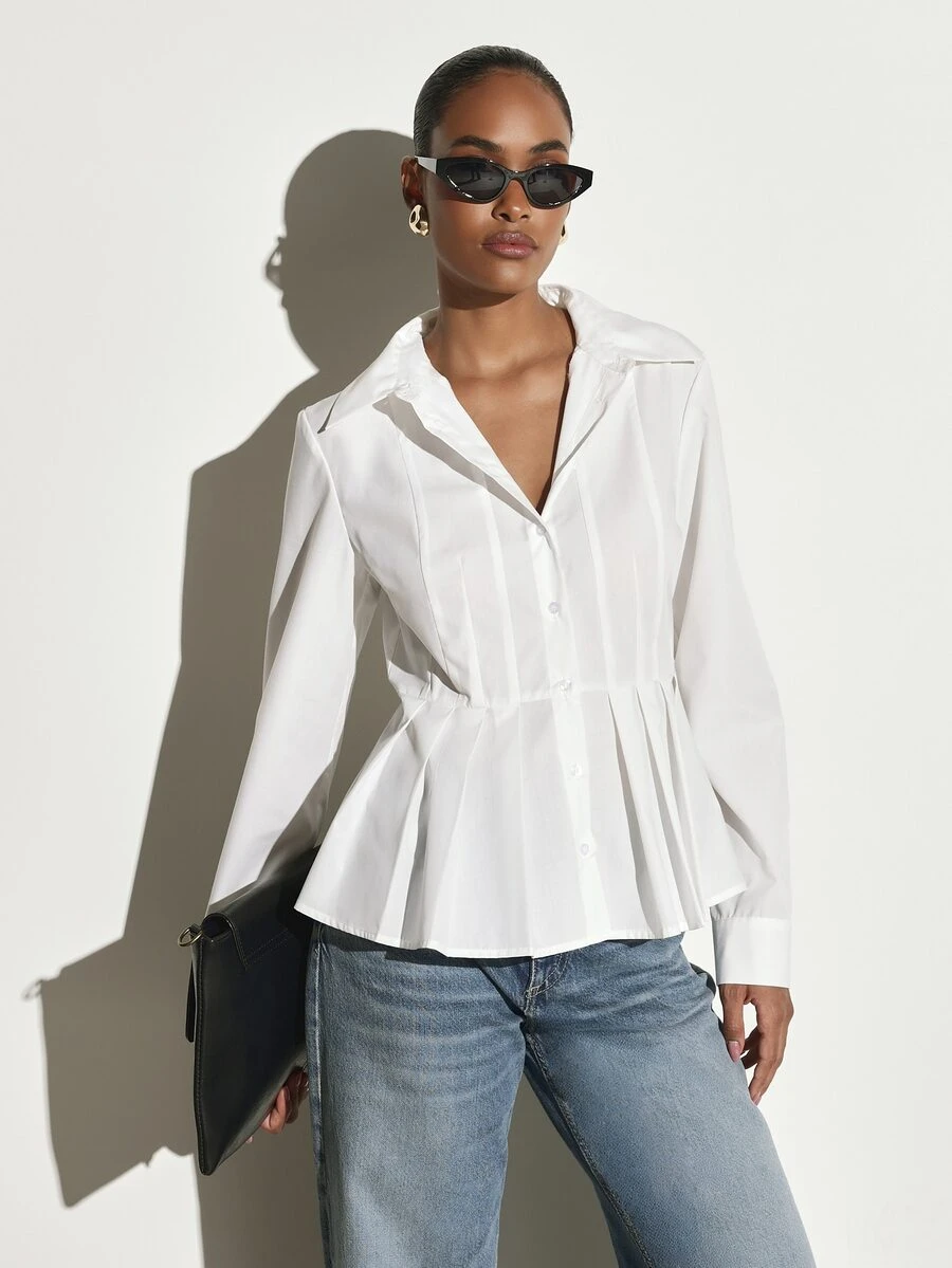 KSTM Pleated Peplum Button-Down Shirt With Spread Collar And Fitted Long Sleeves Spring Summer Office Chic Waist-Defining Woven Top - White - View 1