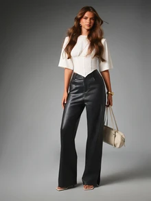 MISSGUIDED Faux Leather High Rise Flared Trousers With Side Split Hem And Front Slash Pockets - Fall Winter Evening Occasion Pants - Black - View 3