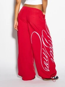 SUMWON WOMEN Wide Leg Loose Fit Casual Pants With Cursive Script Leg Print Low Rise Drawstring Waist Elastic Ankle Cuff Summer Street Style - Red - View 6