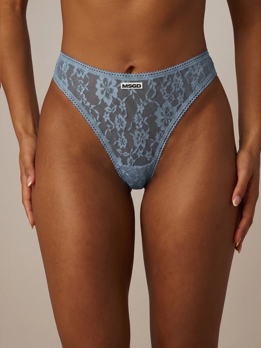 MISSGUIDED Floral Lace High Cut Thong Brief With Logo Detail And Scalloped Edge Trim - Blue - View 1
