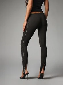 MISSGUIDED Legging Ketat Pinggang Tinggi dengan Detail Garis Samping Lubang Kancing Perak dan Belahan Depan di Bagian Pergelangan Kaki - Hitam - View 3