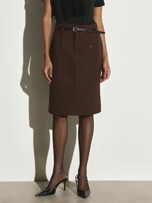 KSTM Rok midi pensil cokelat tua berpinggang tinggi dengan lipatan di pinggang, lubang ikat pinggang, dan saku tempel, cocok untuk pakaian kantor musim gugur dan musim dingin. - Coklat - View 1