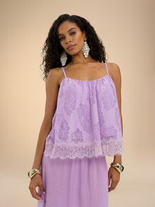 Dancing Leopard Purple Lace Scoop Neck Top, Holiday/Vacation Wear - Purple - View 1