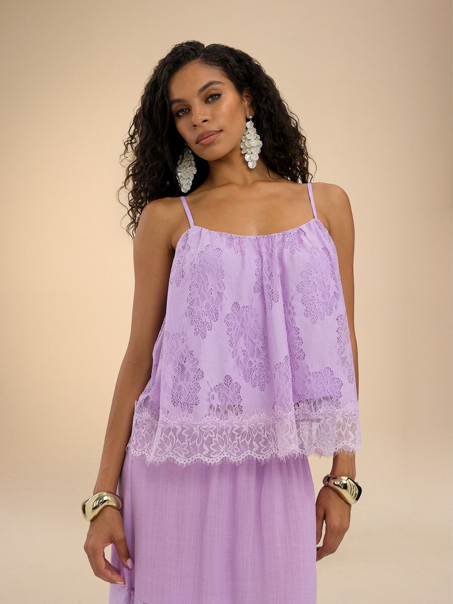 Dancing Leopard Purple Lace Scoop Neck Top, Holiday/Vacation Wear - Purple - View 1
