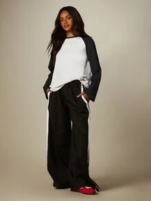 MISSGUIDED Long Sleeve Raglan T-Shirt With Contrast Color Block Sleeves Round Neck Crew Neck Relaxed Fit Casual Everyday Top - Black - View 5