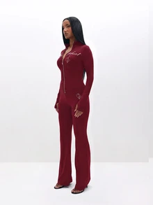 BABYPHAT Logo Zip-Front Mock Neck Long Sleeve Flare Leg Jumpsuit With Script Back Print And Cat Emblem Detail - Burgundy - View 3