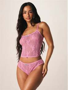 MISSGUIDED 情人節內衣套裝 透視蕾絲花卉細肩帶背心上衣 搭配波浪飾邊與內褲 - 玫紅色 - 查看 4