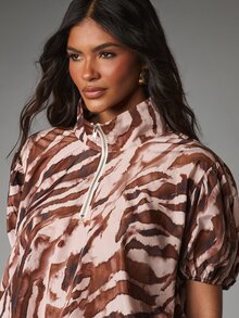 MISSGUIDED Tiger Print Half-Zip Satin Romper With Puff Sleeves Stand Collar Elasticated Waist And Bloomer Shorts Summer Festival Style - Multicolor - View 5