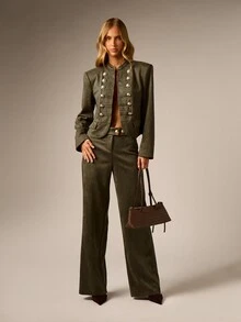 AiiRZ Olive Suede Wide Leg High Rise Dress Pants With Gold Button Waistband Detail Full Length Tailored Trousers Fall Winter - Army Green - View 2
