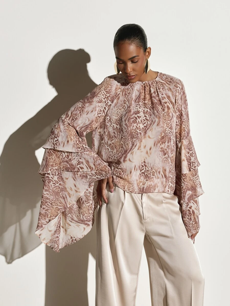 KSTM Tiered Ruffle Sleeve Leopard Print Chiffon Blouse With Gathered Neckline Oversized Flowy Top Spring Summer Party - Multicolor - View 1