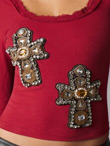 MISSGUIDED Jeweled Cross Applique Scoop Neck Long Sleeve Crop Top With Lace Trim Low Back Holiday Party Night Out Embellished - Red - View 2