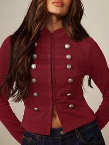 MISSGUIDED Military Style Cropped Jacket With Stand Collar Double Breasted Silver Buttons Band Fitted Long Sleeve Fall Winter Coat - Burgundy - View 5