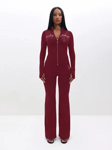 BABYPHAT Logo Zip-Front Mock Neck Long Sleeve Flare Leg Jumpsuit With Script Back Print And Cat Emblem Detail - Burgundy - View 7