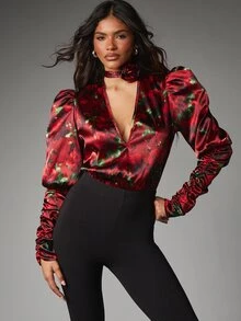 MISSGUIDED Bodysuit Satin Motif Bunga dengan Leher V Dalam, Bahu Mengembang, Lengan Panjang Berkerut, dan Detail Kalung Mawar untuk Pesta Liburan - MultiWarna - View 1