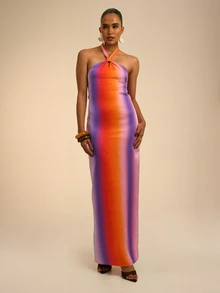 Dancing Leopard Orange Ombre Halterneck Dress, Holiday/Vacation Wear - Multicolor - View 4