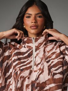 MISSGUIDED Tiger Print Half-Zip Satin Romper With Puff Sleeves Stand Collar Elasticated Waist And Bloomer Shorts Summer Festival Style - Multicolor - View 2