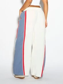 SUMWON WOMEN Celana Track Oversized Kaki Lebar dengan Blok Warna dan Detail Garis Kontras di Samping, Pinggang Elastis dengan Tali Serut, Celana Panjang Kasual untuk Musim Semi dan Musim Panas - MultiWarna - View 5