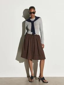 KSTM Gathered Full Skirt With Drawstring Elastic Waist And Side Pockets Below Knee Length Summer Midi Skirt - Brown - View 1