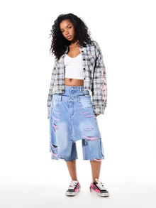 SUMWON Cropped Plaid Flannel Shacket With Pink Flame Sleeve Print Varsity Number Back Graphic Button-Up Collared Shirt Fall Winter - Multicolor - View 4