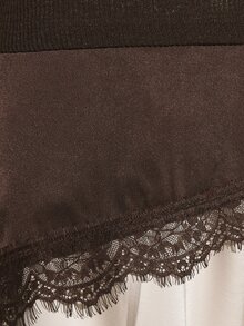 KSTM Sweater Rajut Bergaris Leher V dengan Hiasan Renda Satin di Bagian Bawah, Model Panjang High-Low, Atasan Pullover Lengan Panjang Oversized untuk Musim Gugur dan Musim Dingin - Coffee Brown - View 5