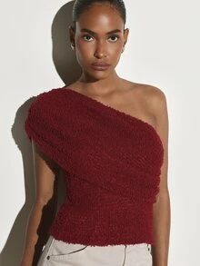 KSTM One-Shoulder Fuzzy Boucle Crop Top With Puff Sleeve And Asymmetric Neckline Perfect For Fall Winter Date Night - Red - View 3