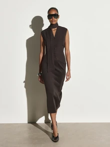 KSTM Chocolate Brown High Rise Pencil Midi Skirt Bodycon Fitted Silhouette Below Knee Length Tailored Office Work Party - Brown - View 1