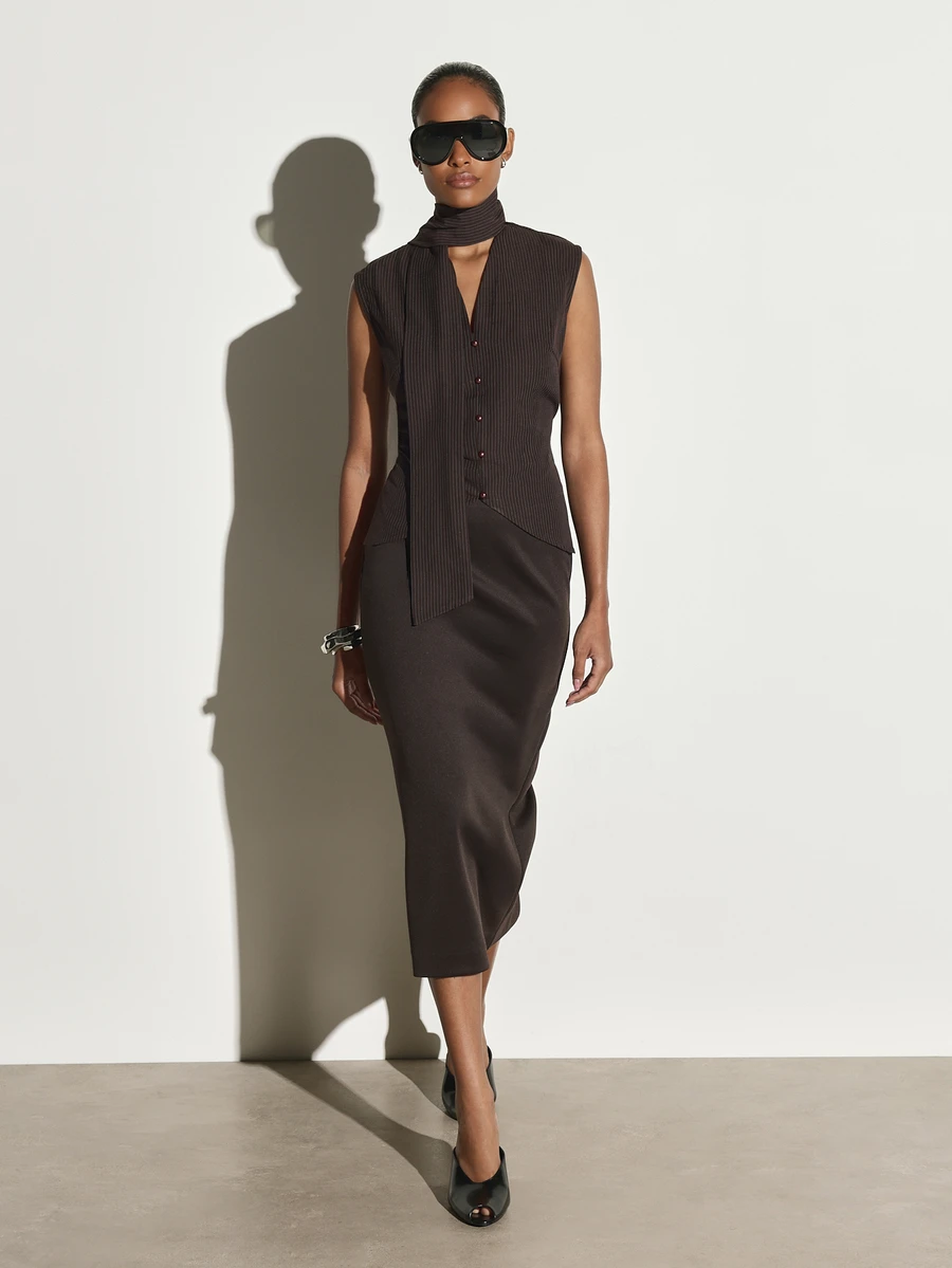 KSTM Chocolate Brown High Rise Pencil Midi Skirt Bodycon Fitted Silhouette Below Knee Length Tailored Office Work Party - Brown - View 1
