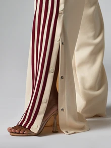 BABYPHAT Wide Leg Track Pants With Burgundy Side Stripe Panel Snap Button Detail Drawstring Waist And Embroidered Sheild Logo - Apricot - View 5