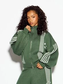 SUMWON WOMEN Oversized Forest Green Knit Zip-Up Jacket With Stripe Detail And Star Embroidery Perfect For Fall Winter Casual Streetwear Layering - Green - View 1