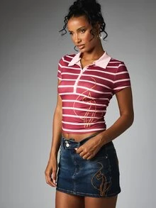 BABYPHAT Striped Crop Polo Top With Collared Neck Short Sleeves And Gold Cat Graphic Side Print Summer Y2K Style - Red Violet - View 1