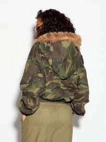 SUMWON WOMEN Jaket Bomber Kamuflase Ukuran Besar dengan Tudung Sherpa, Resleting Penuh, Gaya Jalanan Terinspirasi Militer, Pakaian Luar Musim Gugur/Musim Dingin - MultiWarna - View 5