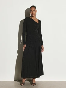 KSTM Glitter Shimmer V-Neck Long Sleeve Maxi Dress With Ruched Waist And Flowing Skirt For Evening Party Holiday Season - Black - View 3