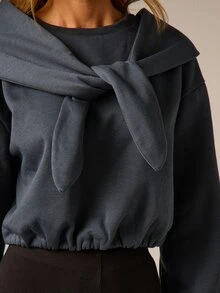 AiiRZ Oversized Crop Sweatshirt With Statement Tie Collar Detail Elasticated Hem Pullover Fall Winter Casual Layering Top - Navy Blue - View 5