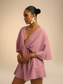 Dancing Leopard Pink Plunge Neck Batwing Sleeve Short Jumpsuit, Gathered Waist Floaty Boho Outfit - Dusty Pink - View 3
