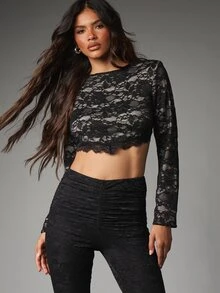MISSGUIDED Floral Lace Long Sleeve Crop Top With Scalloped Hem Sheer Boat Neck Party Night Out Festival Spring Summer Top - Black - View 1