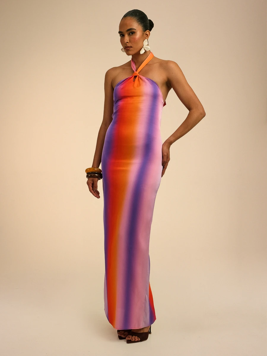 Dancing Leopard Orange Ombre Halterneck Dress, Holiday/Vacation Wear - Multicolor - View 1