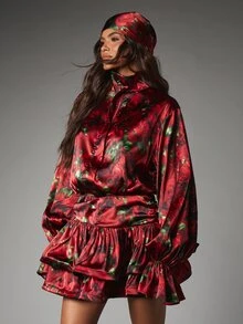 MISSGUIDED Chân váy mini satin họa tiết hoa hồng với gấu bèo xếp tầng, dáng phồng nhiều lớp, phong cách tiệc tùng và lễ hội - Nhiều màu - Xem 2