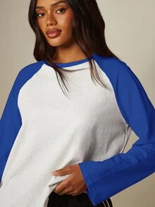 MISSGUIDED Long Sleeve Raglan Baseball T-Shirt With Contrast Sleeves Crew Neck Oversized Casual Color Block Top For Spring - Royal Blue - View 7