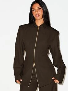 KIZN Zip-Up Tailored Blazer Jacket With Point Collar Structured Shoulders And Gold Hardware Perfect For Office Work And Formal Occasions - Chocolate Brown - View 1
