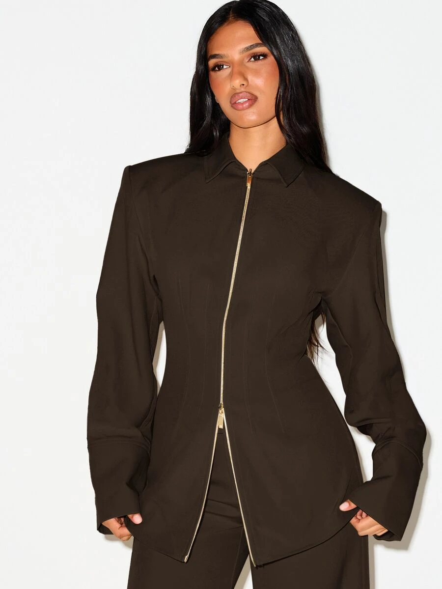 KIZN Zip-Up Tailored Blazer Jacket With Point Collar Structured Shoulders And Gold Hardware Perfect For Office Work And Formal Occasions - Chocolate Brown - View 1