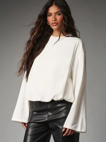 MISSGUIDED Cream Oversized Bell Sleeve Blouse With Crew Neck Elasticated Hem Casual Everyday Relaxed Fit Long Sleeve Top Spring Summer - White - View 1