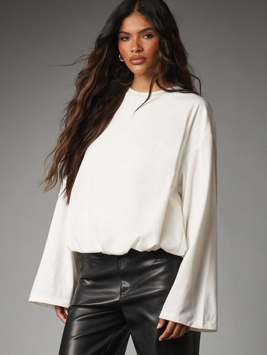 MISSGUIDED Cream Oversized Bell Sleeve Blouse With Crew Neck Elasticated Hem Casual Everyday Relaxed Fit Long Sleeve Top Spring Summer - White - View 1