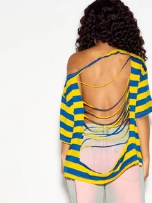 SUMWON WOMEN Oversized Off-Shoulder Striped Graphic Tee With Bold Chest Text Print Short Sleeve Casual Summer Top - Multicolor - View 5