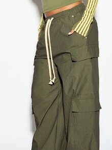 SUMWON WOMEN Wide Leg Cargo Pants With Elastic Drawstring Waist Multi Pocket Utility Style Full Length Loose Fit Casual Trousers - Army Green - View 3