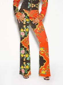 SUMWON WOMEN Celana Jeans Model Flare Pinggang Tinggi Motif Bunga Patchwork dengan Panel Blok Warna Kontras dan Saku Tempel Panjang Penuh - MultiWarna - View 1