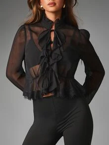 MISSGUIDED Blus Chiffon Transparan Berkerut di Bagian Depan, Kerah Tinggi, Lengan Lonceng, Hem Tinggi-Rendah dengan Hiasan Rumbai, Atasan Pesta Malam yang Elegan - Hitam - View 4