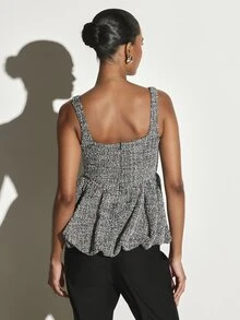 KSTM Square Neck Sleeveless Tweed Peplum Top With Bubble Hem And Pleated Waist Detail Perfect For Holiday Party And Evening Occasions - Black and White - View 5