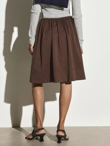 KSTM Gathered Full Skirt With Drawstring Elastic Waist And Side Pockets Below Knee Length Summer Midi Skirt - Brown - View 3